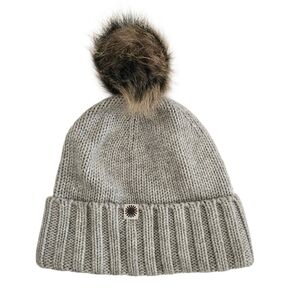 UGG Australia Womens Solid Ribbed Beanie Pom Pom Steel Heather Wool Blend New